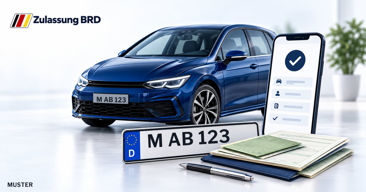 Online Fahrzeugzulassung in Landkreis München: Musterkennzeichen M AB 123, Auto und Fahrzeugpapiere und Smartphone. Illustration mit Logo von Zulassung BRD.